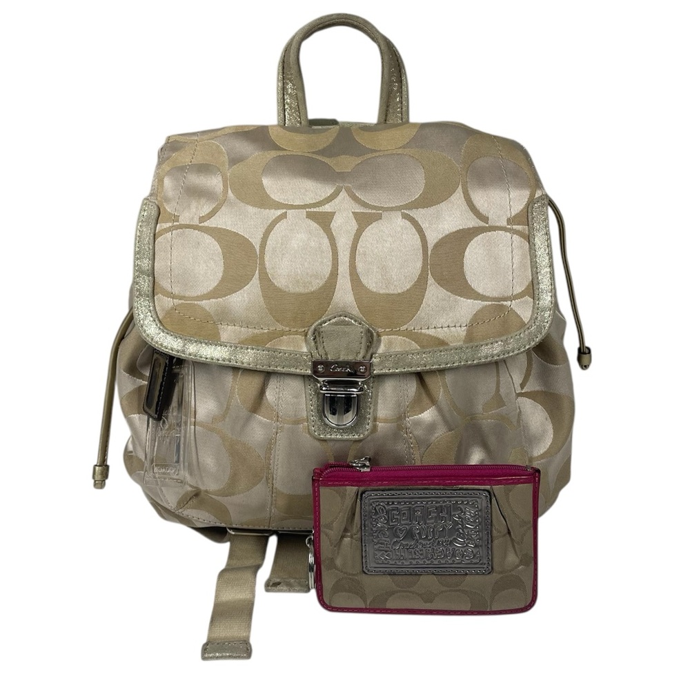 Vintage Coach Signature Logo Poppy Flap Backpack Gold Sateen 18348 + Coin Wallet